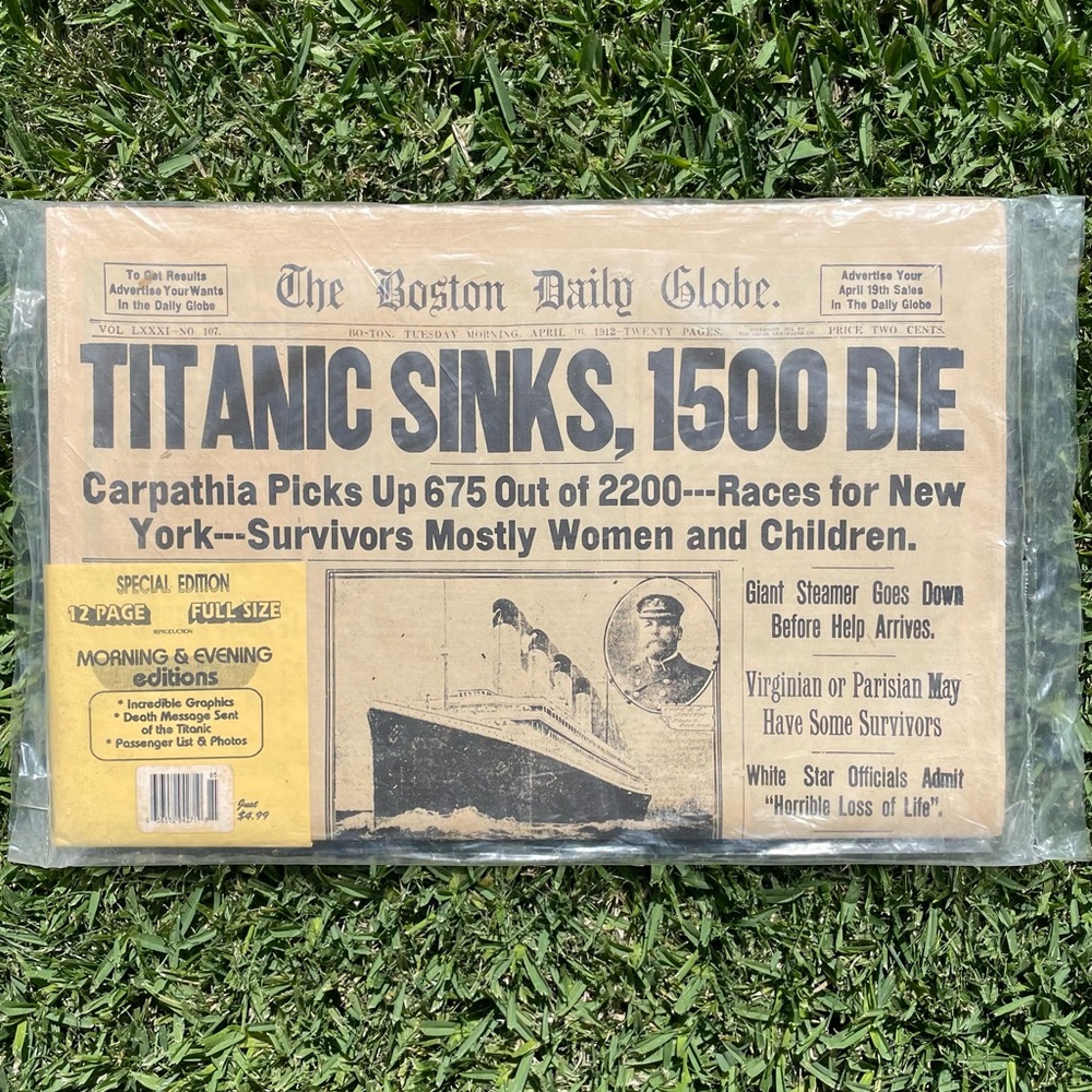 TITANIC SINKS 1500 Die The Boston Daily Globe April 16 1912 Newspaper Rep Spec.